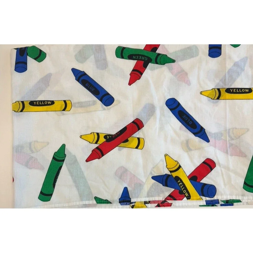 Vintage Perfect Fit Multi Color Crayons Twin Bed Sheet Flat 80s Cotton USA Kids